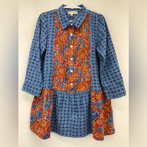 Mimi & Maggie Sz 5 Girls Blue Red Floral Boho Long Sleeve Pleated Popover Dress